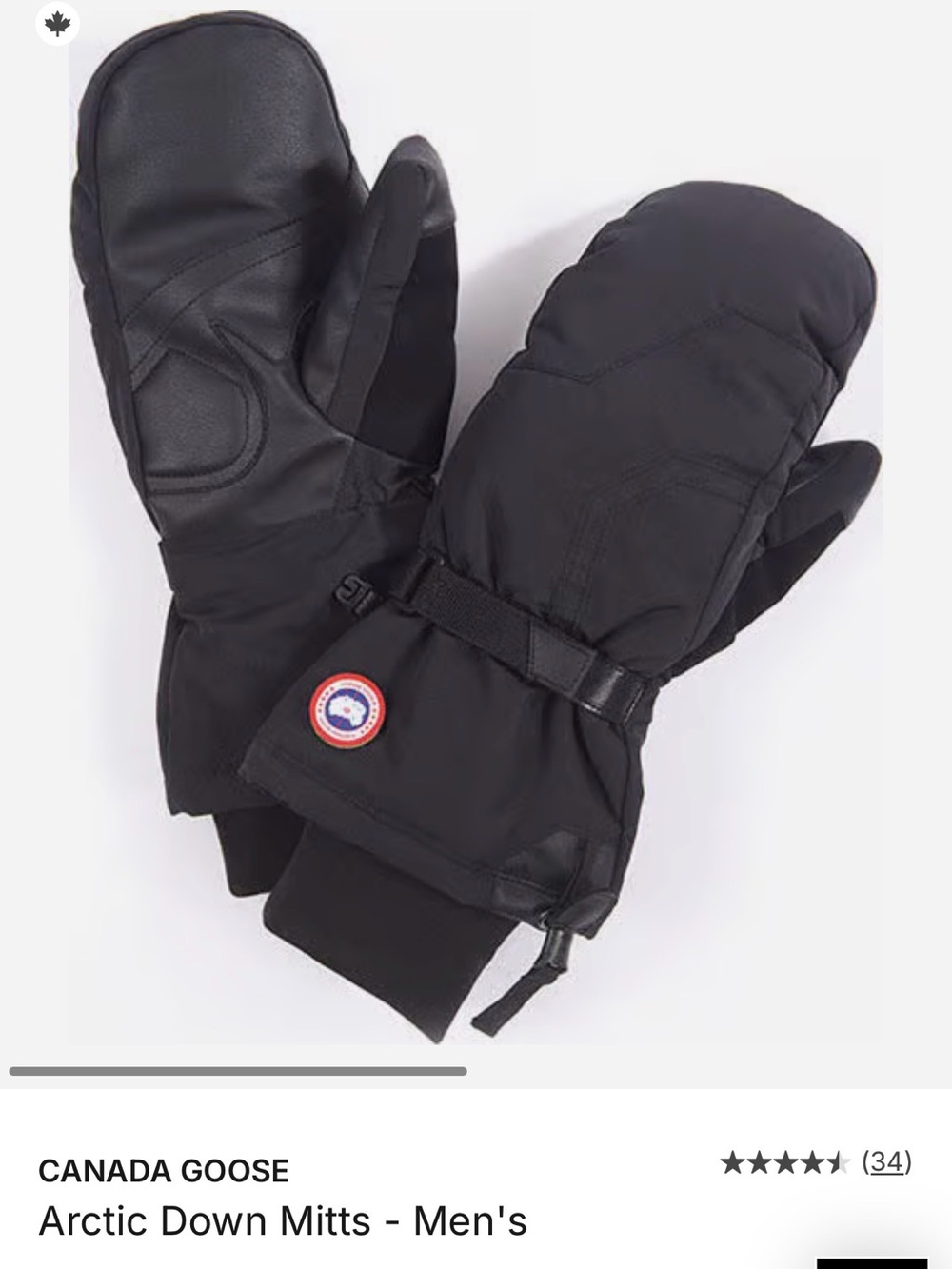 New without tags Canada Goose Men's Black Down Mitts with Leather Palm